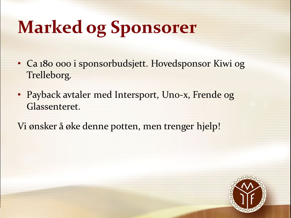 Marked og Sponsorer Ca i sponsorbudsjett. Hovedsponsor Kiwi og Trelleborg. Payback avtaler med Intersport, Uno-x, Frende og Glassenteret.