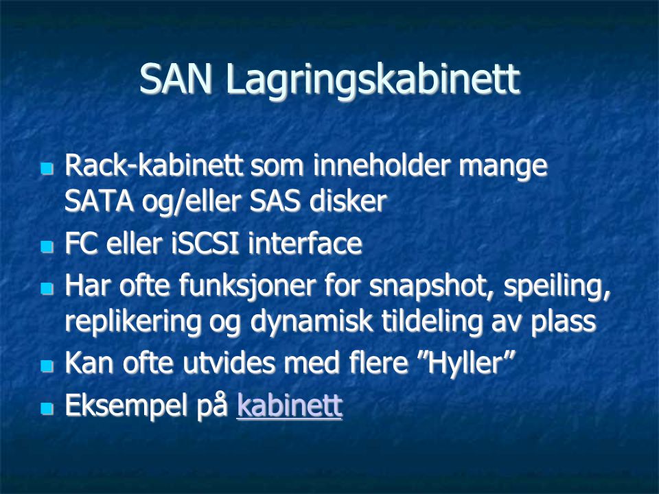 SAN Lagringskabinett Rack-kabinett som inneholder mange SATA og/eller SAS disker. FC eller iSCSI interface.