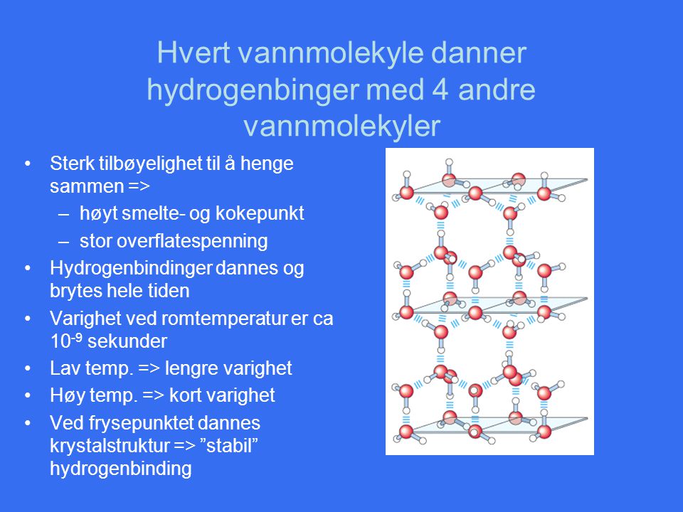 Hvert vannmolekyle danner hydrogenbinger med 4 andre vannmolekyler