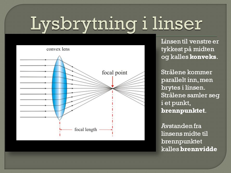 Lysbrytning i linser Linsen til venstre er tykkest på midten og kalles konveks.