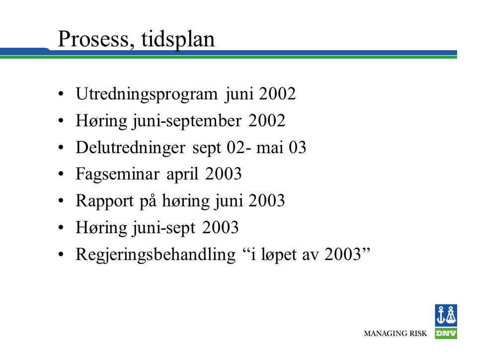 Prosess, tidsplan Utredningsprogram juni 2002