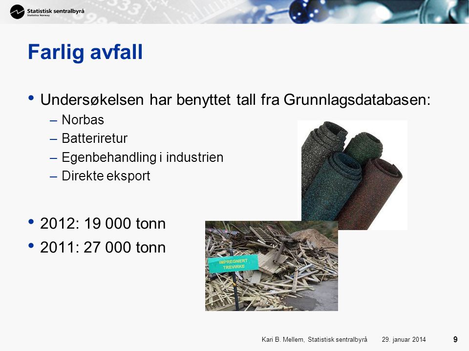 Farlig avfall Undersøkelsen har benyttet tall fra Grunnlagsdatabasen: