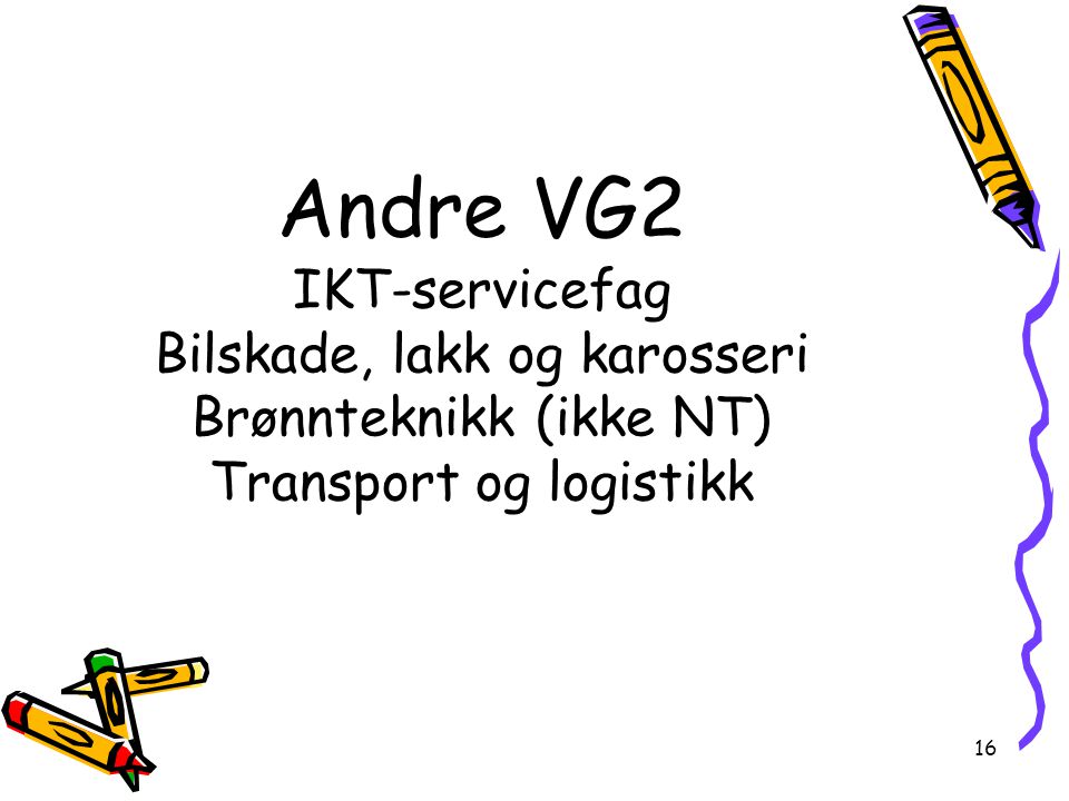 Andre VG2 IKT-servicefag Bilskade, lakk og karosseri Brønnteknikk (ikke NT) Transport og logistikk