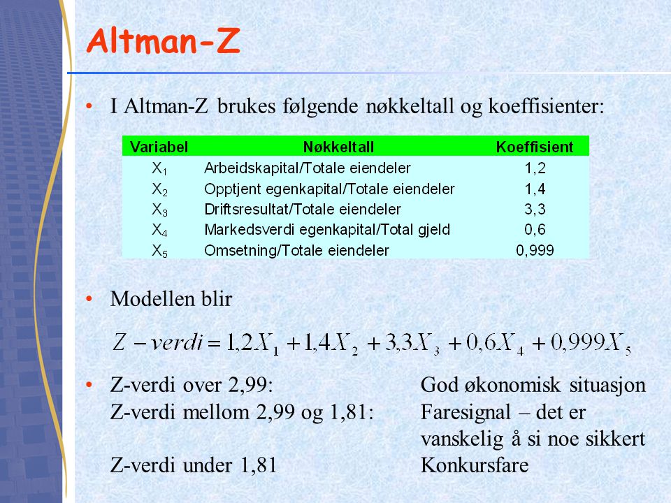 Altman-Z I Altman-Z brukes følgende nøkkeltall og koeffisienter: