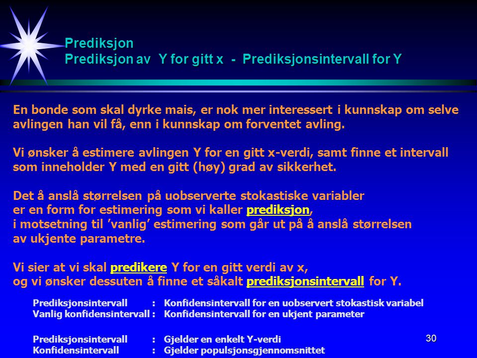Prediksjon Prediksjon av Y for gitt x - Prediksjonsintervall for Y