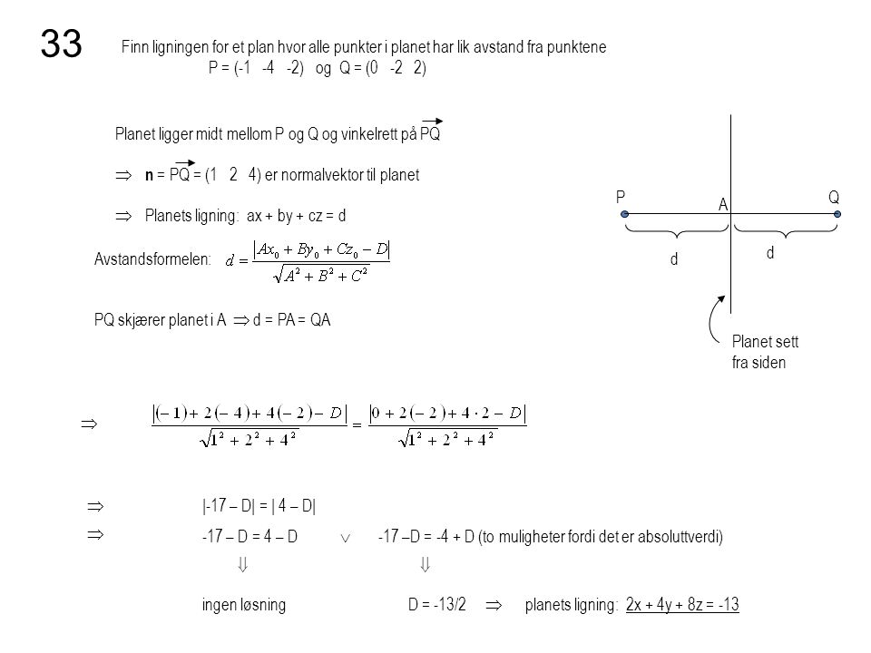 33 Finn ligningen for et plan hvor alle punkter i planet har lik avstand fra punktene P = ( ) og Q = (0 -2 2)