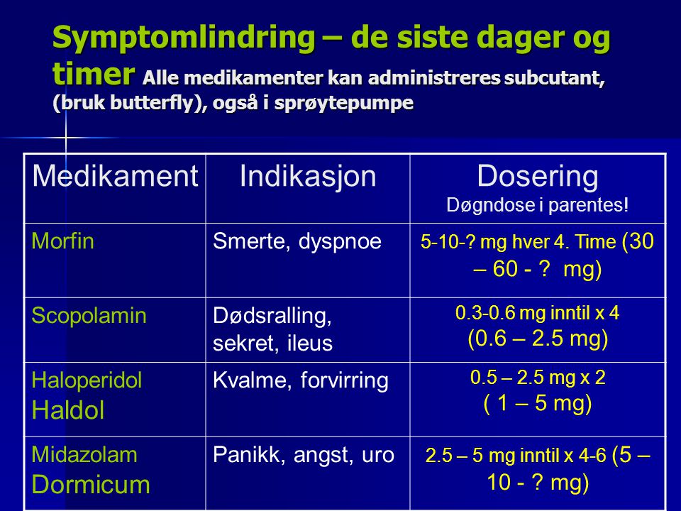Symptomlindring – de siste dager og timer Alle medikamenter kan administreres subcutant, (bruk butterfly), også i sprøytepumpe