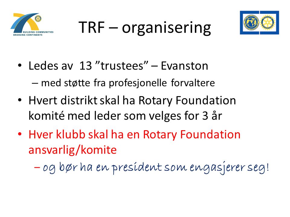 TRF – organisering Ledes av 13 trustees – Evanston