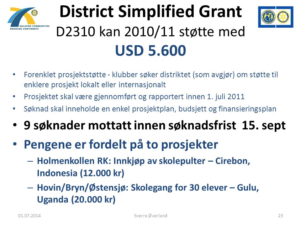 District Simplified Grant D2310 kan 2010/11 støtte med USD 5.600