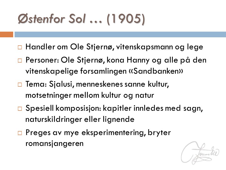 Østenfor Sol … (1905) Handler om Ole Stjernø, vitenskapsmann og lege