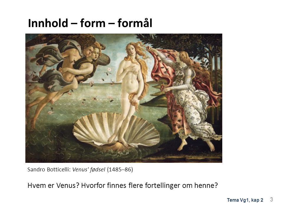 Innhold – form – formål Tolking og refleksjon over innhold form og formål. Sandro Botticelli: Venus fødsel (1485–86)