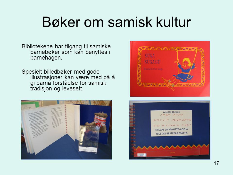 Bøker om samisk kultur Bibliotekene har tilgang til samiske barnebøker som kan benyttes i barnehagen.