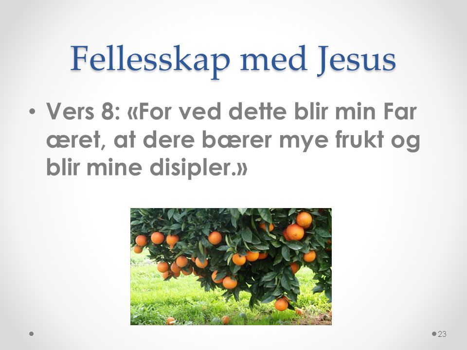 Fellesskap med Jesus Vers 8: «For ved dette blir min Far æret, at dere bærer mye frukt og blir mine disipler.»