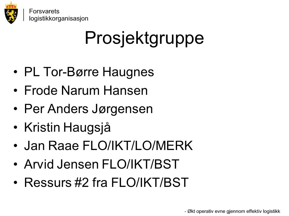 Prosjektgruppe PL Tor-Børre Haugnes Frode Narum Hansen
