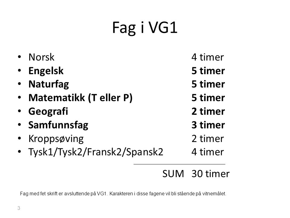 Fag i VG1 Norsk 4 timer Engelsk 5 timer Naturfag 5 timer