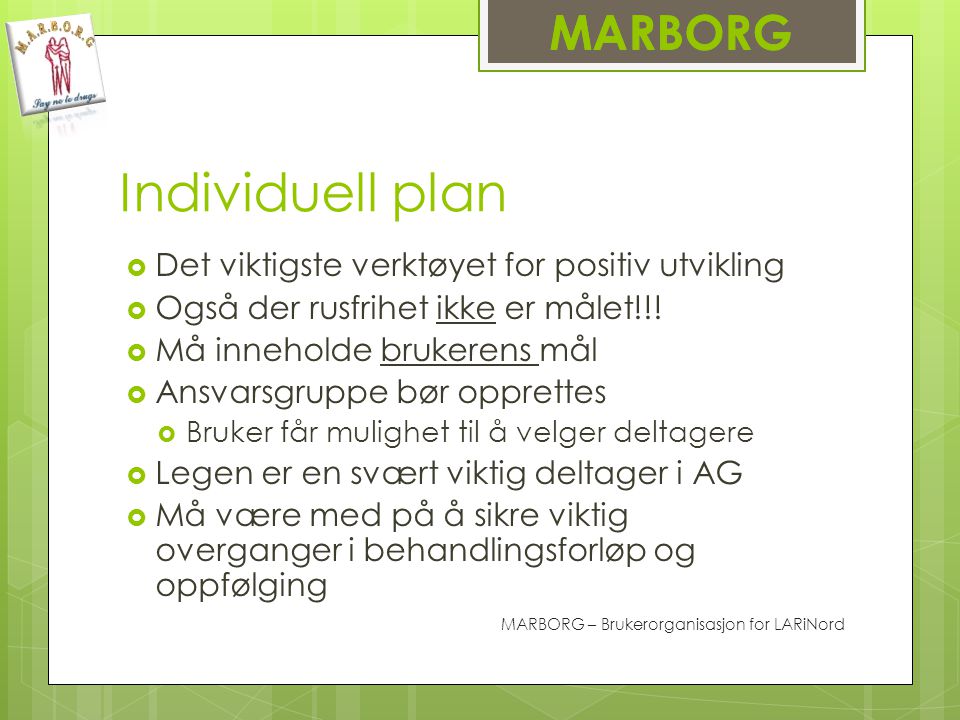 Individuell plan MARBORG Det viktigste verktøyet for positiv utvikling