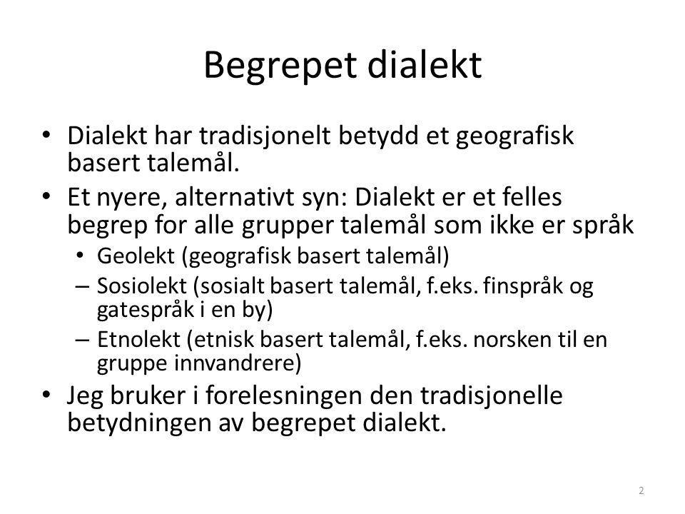 Begrepet dialekt Dialekt har tradisjonelt betydd et geografisk basert talemål.