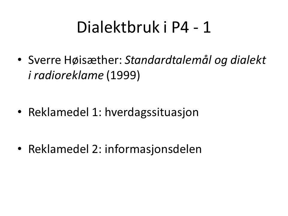 Dialektbruk i P4 - 1 Sverre Høisæther: Standardtalemål og dialekt i radioreklame (1999) Reklamedel 1: hverdagssituasjon.