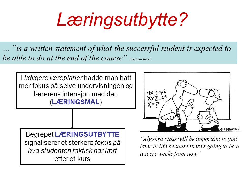 Læringsutbytte … is a written statement of what the successful student is expected to be able to do at the end of the course Stephen Adam.