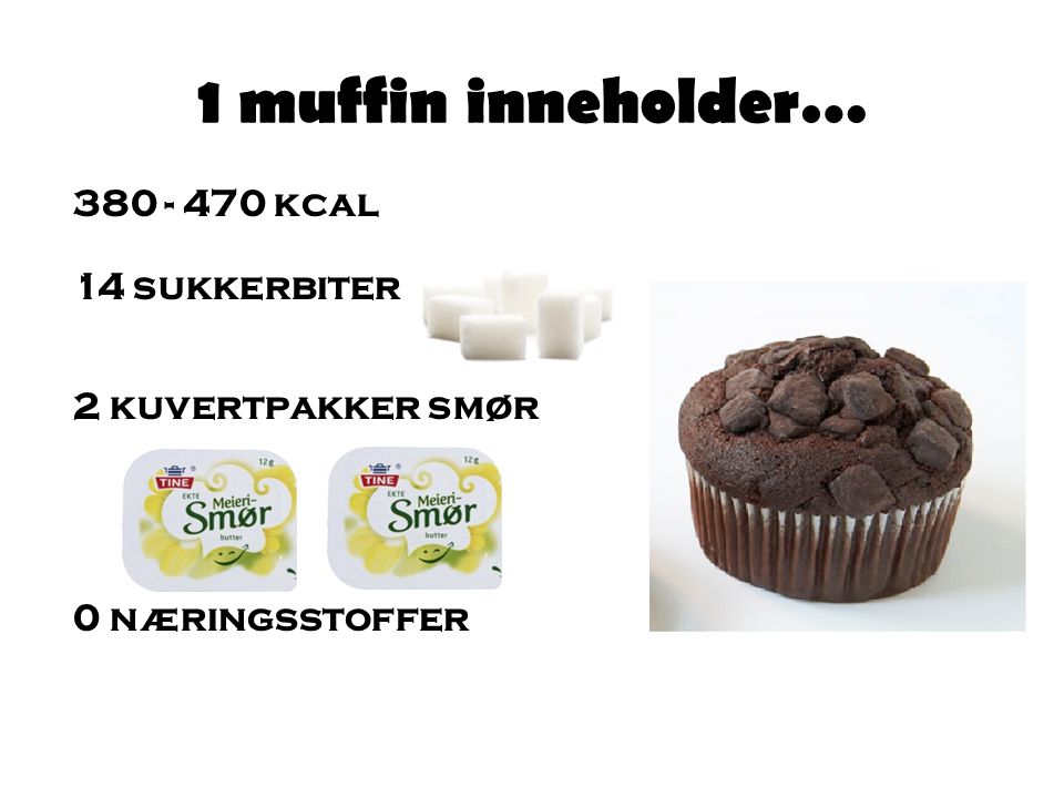 1 muffin inneholder… kcal 14 sukkerbiter 2 kuvertpakker smør 0 næringsstoffer