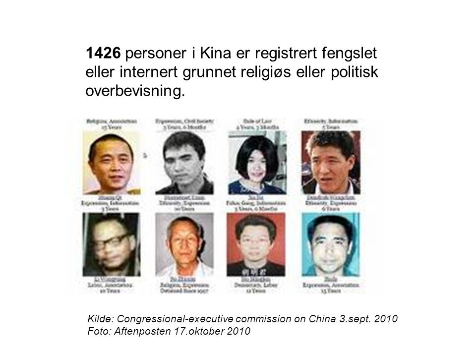 1426 personer i Kina er registrert fengslet eller internert grunnet religiøs eller politisk overbevisning.