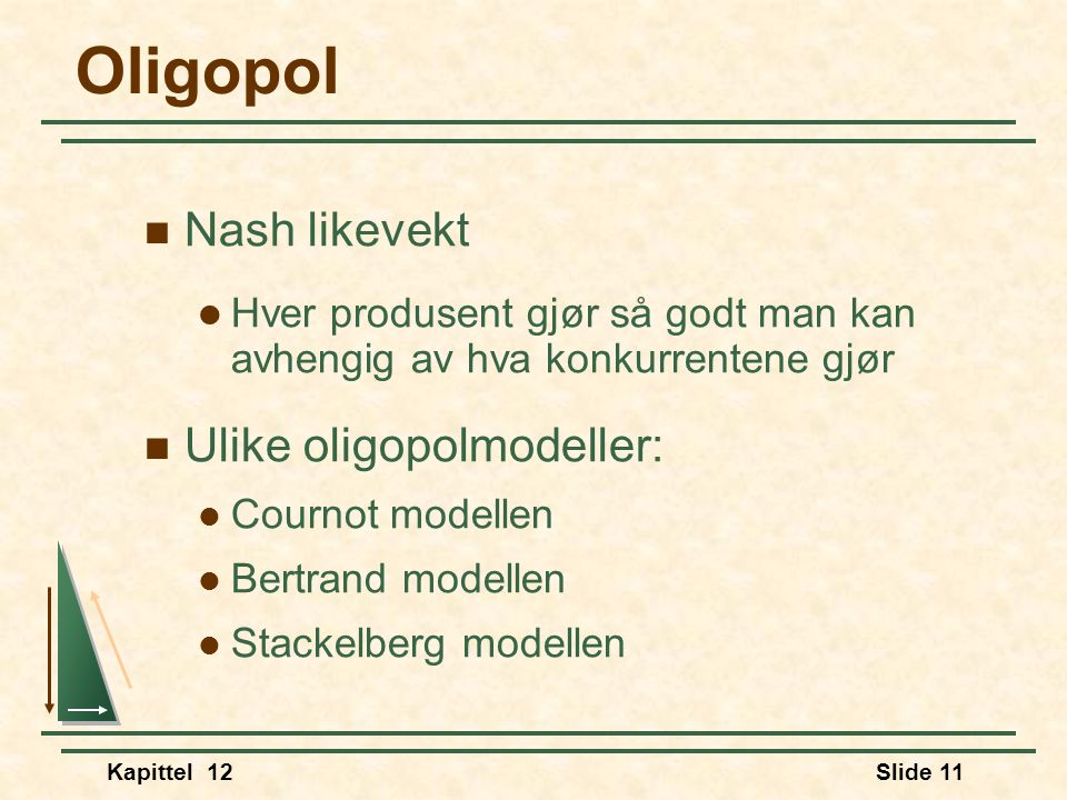 Oligopol Nash likevekt Ulike oligopolmodeller: