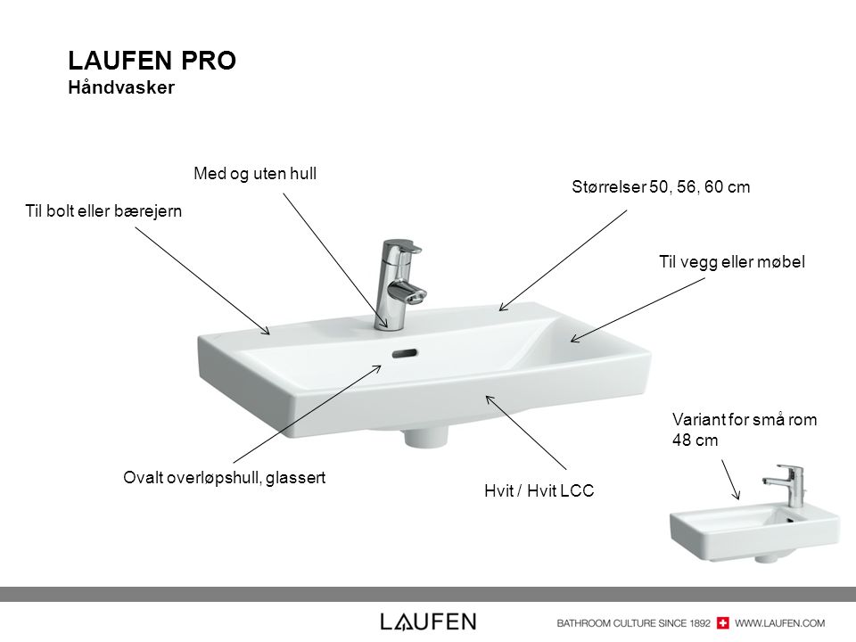 LAUFEN PRO Håndvasker Med og uten hull Størrelser 50, 56, 60 cm