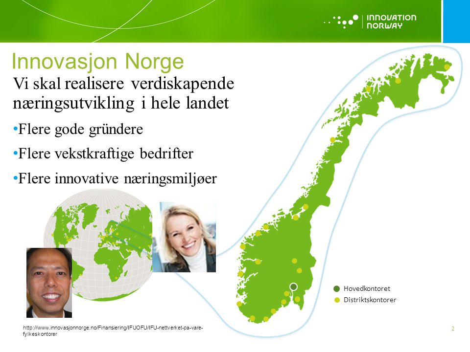 Innovasjon Norge Vi skal realisere verdiskapende næringsutvikling i hele landet. Flere gode gründere.