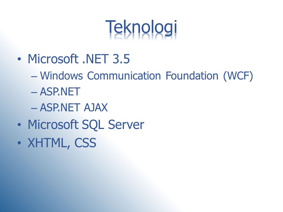 Teknologi Microsoft .NET 3.5 Microsoft SQL Server XHTML, CSS