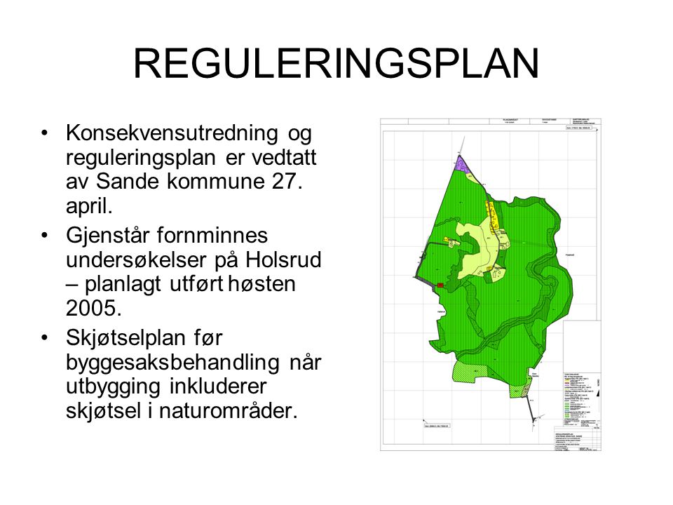 REGULERINGSPLAN Konsekvensutredning og reguleringsplan er vedtatt av Sande kommune 27. april.