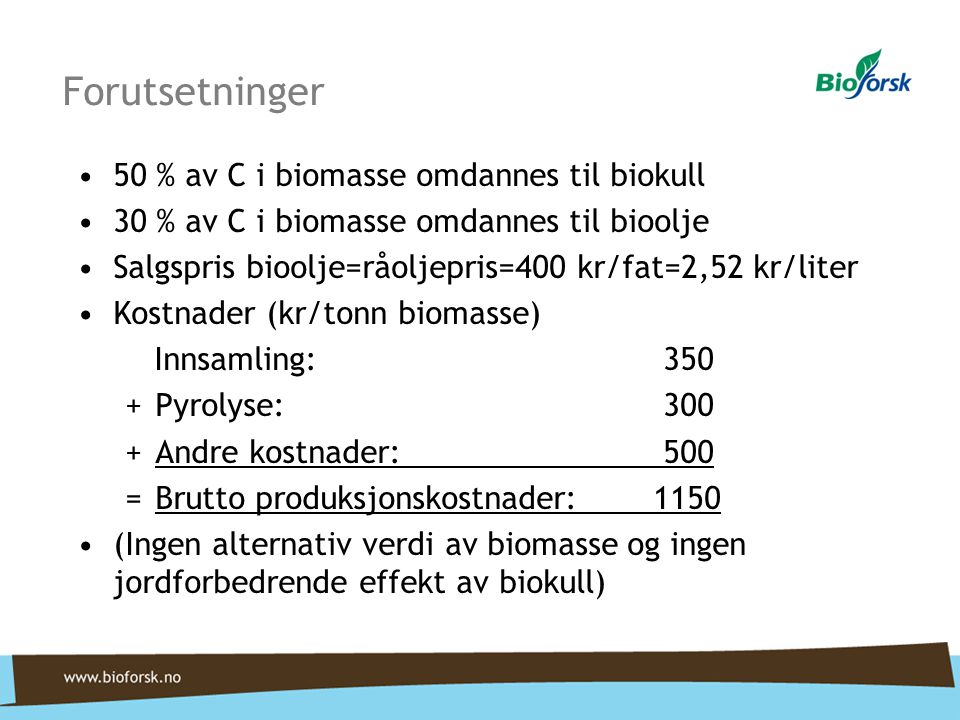 Forutsetninger 50 % av C i biomasse omdannes til biokull