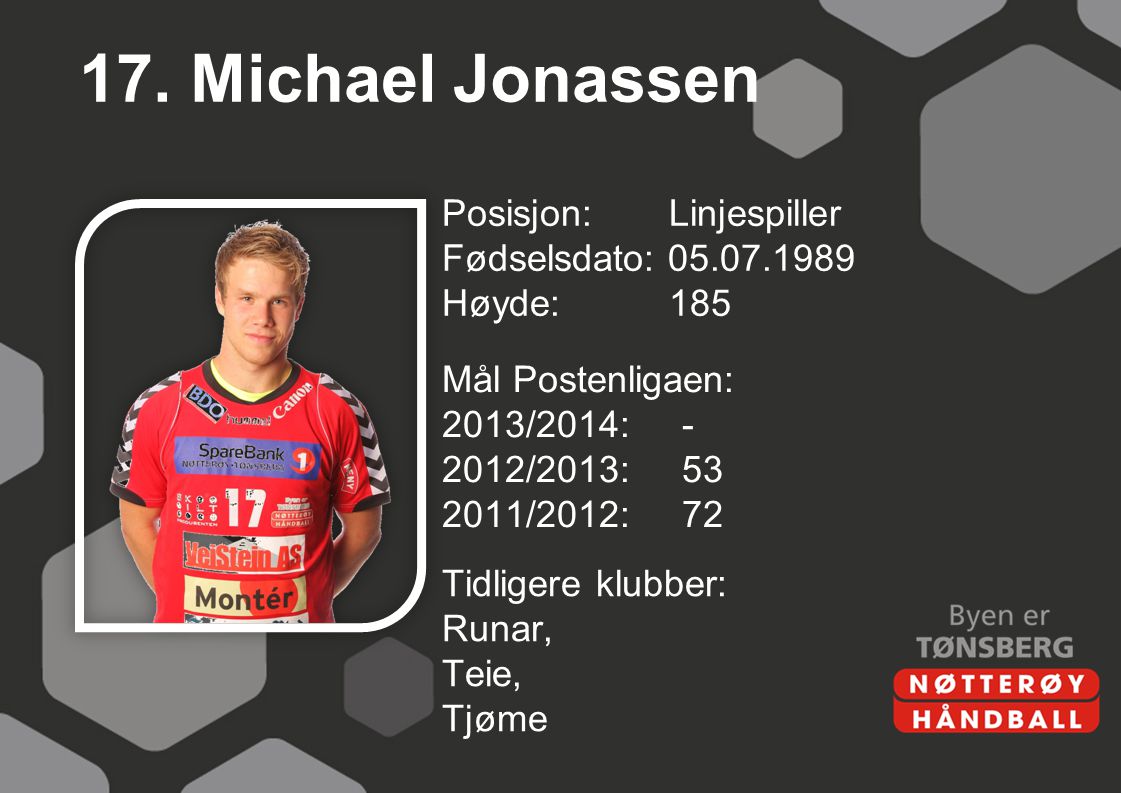 17. Michael Jonassen Posisjon: Linjespiller Fødselsdato: Høyde: 185 Mål Postenligaen: 2013/2014: /2013: /2012: 72