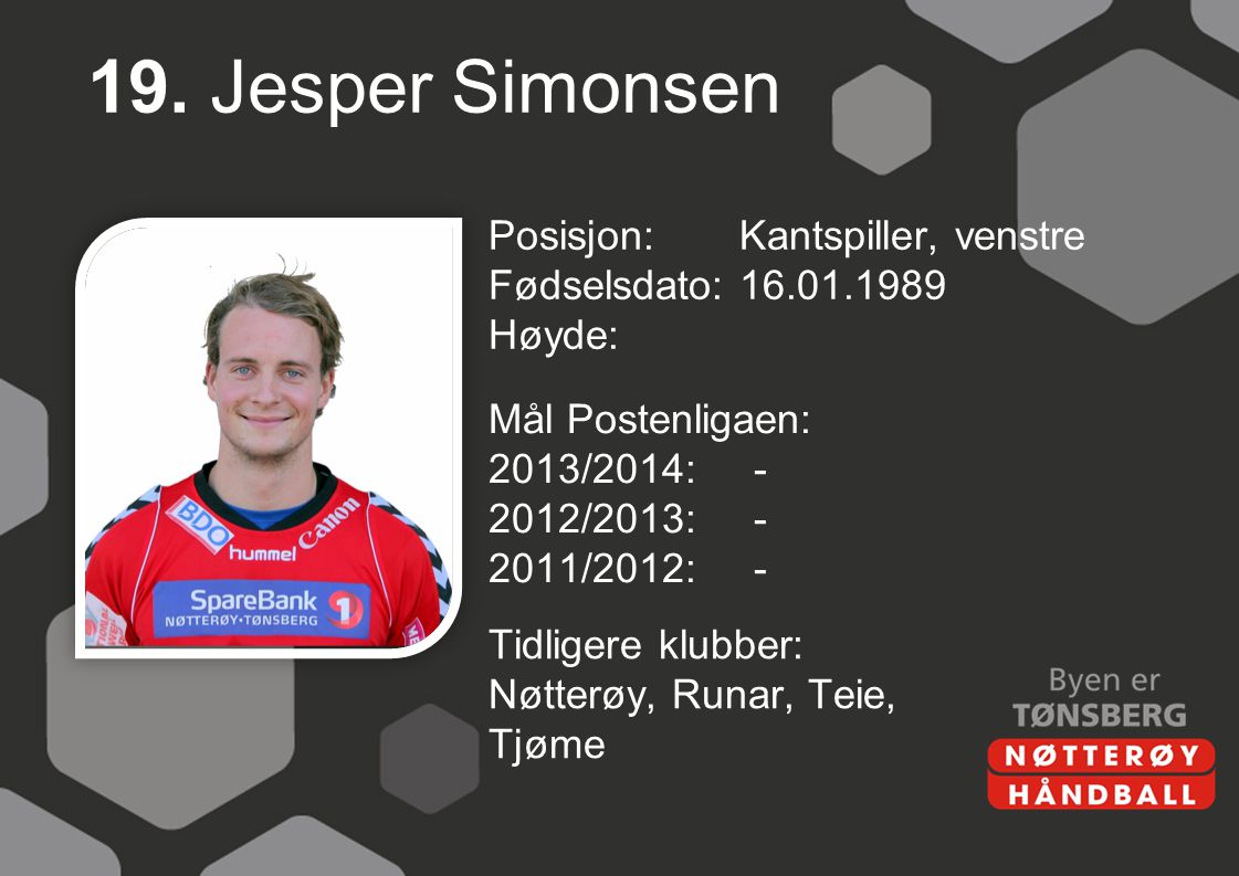 19. Jesper Simonsen Posisjon: Kantspiller, venstre Fødselsdato: Høyde: Mål Postenligaen: 2013/2014: /2013: /2012: -