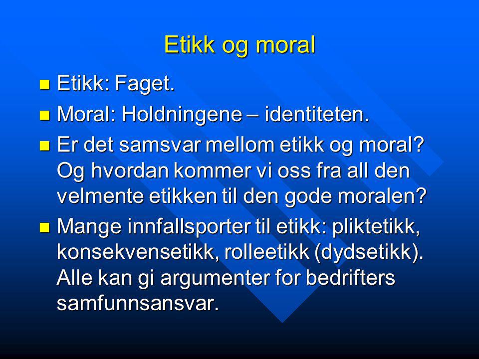 Etikk og moral Etikk: Faget. Moral: Holdningene – identiteten.