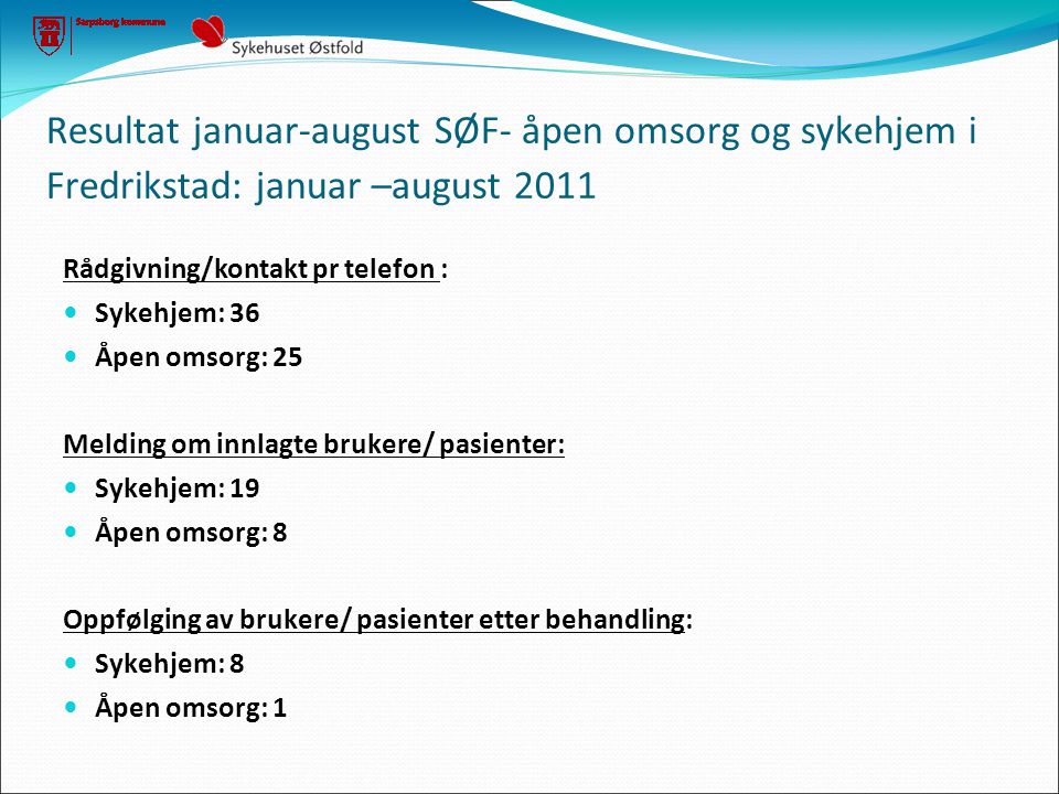 Resultat januar-august SØF- åpen omsorg og sykehjem i Fredrikstad: januar –august 2011
