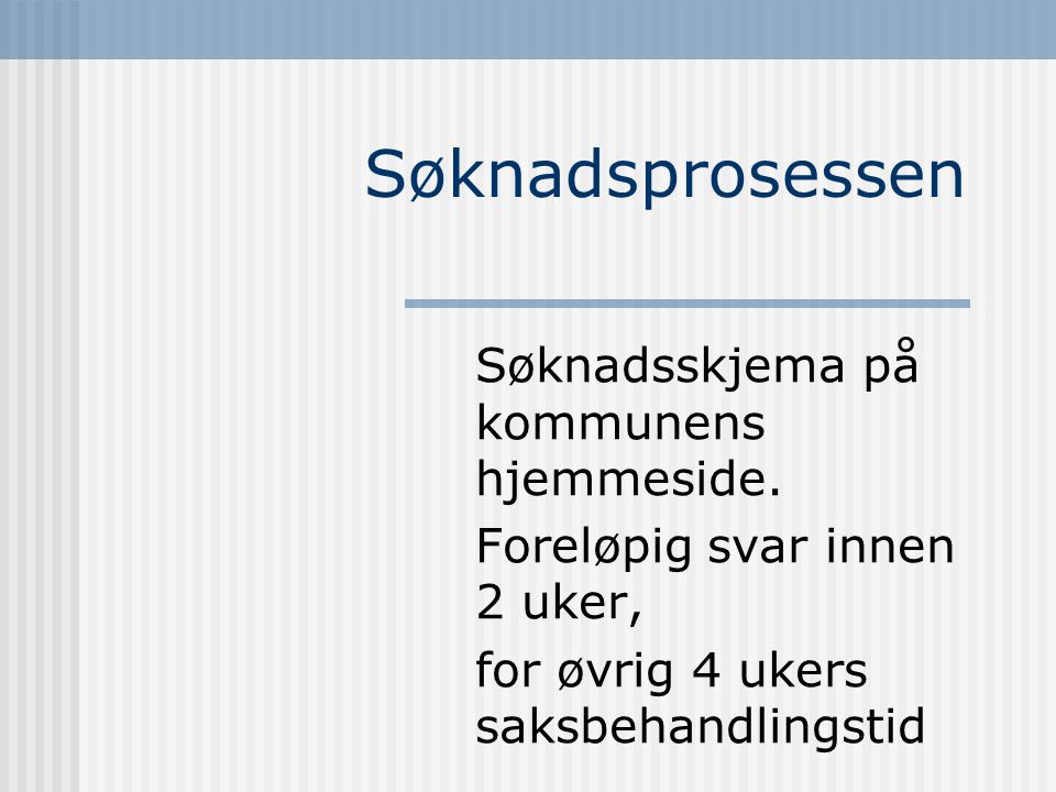 Søknadsprosessen Søknadsskjema på kommunens hjemmeside.