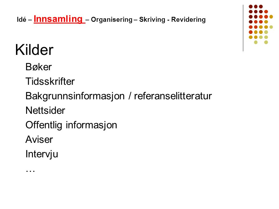 Idé – Innsamling – Organisering – Skriving - Revidering