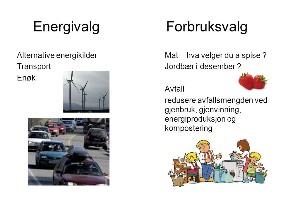 Energivalg Forbruksvalg Alternative energikilder Transport Enøk