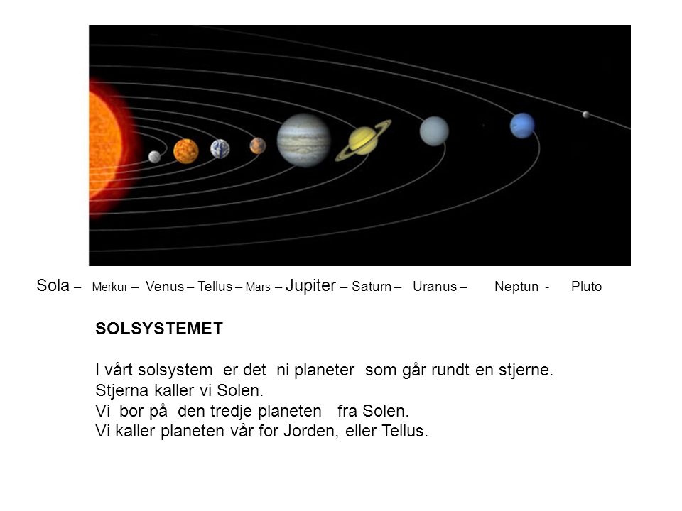 Sola – Merkur – Venus – Tellus – Mars – Jupiter – Saturn – Uranus – Neptun - Pluto