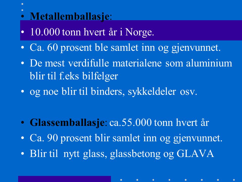 Metallemballasje: tonn hvert år i Norge. Ca. 60 prosent ble samlet inn og gjenvunnet.