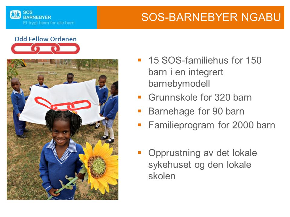 SOS-BARNEBYER NGABU Odd Fellow Ordenen. 15 SOS-familiehus for 150 barn i en integrert barnebymodell.