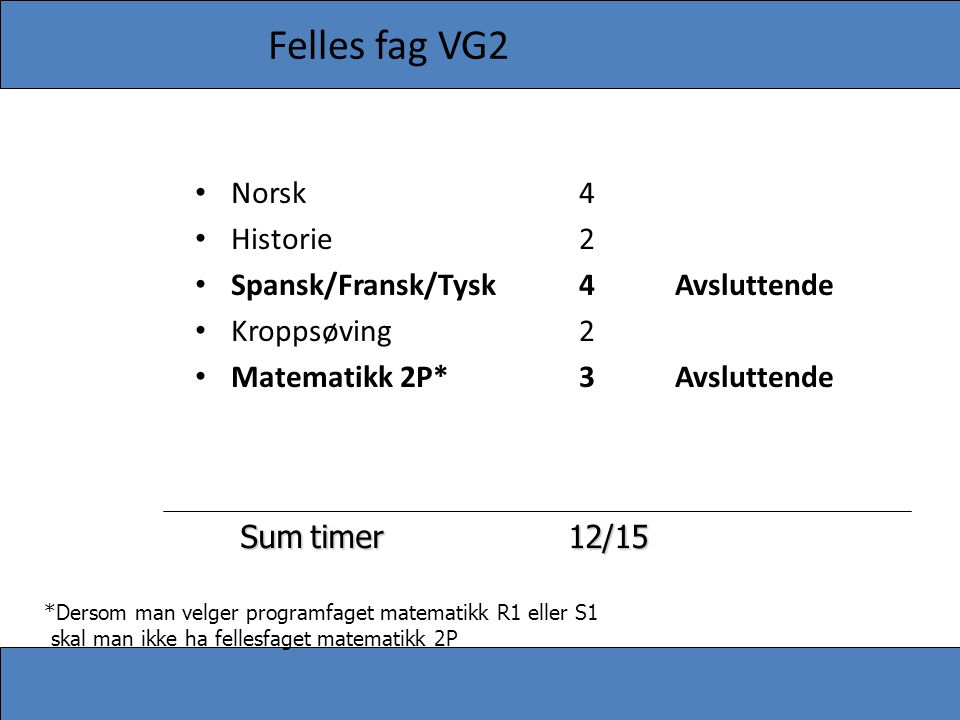 Felles fag VG2 Norsk 4 Historie 2 Spansk/Fransk/Tysk 4 Avsluttende