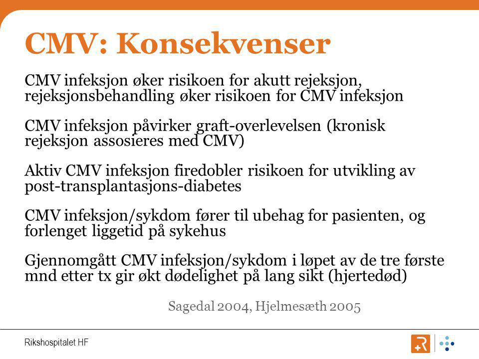 CMV: Konsekvenser CMV infeksjon øker risikoen for akutt rejeksjon, rejeksjonsbehandling øker risikoen for CMV infeksjon.