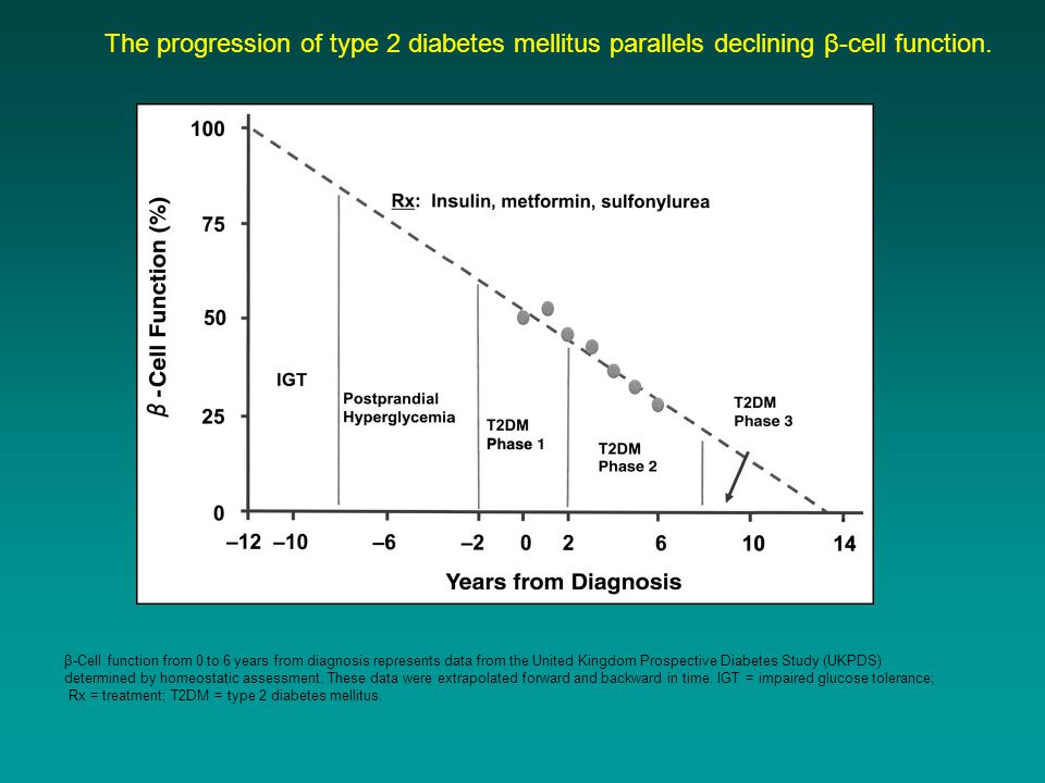 The progression of type 2 diabetes mellitus parallels declining β-cell function.