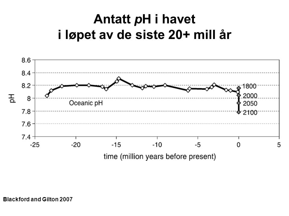 Antatt pH i havet i løpet av de siste 20+ mill år