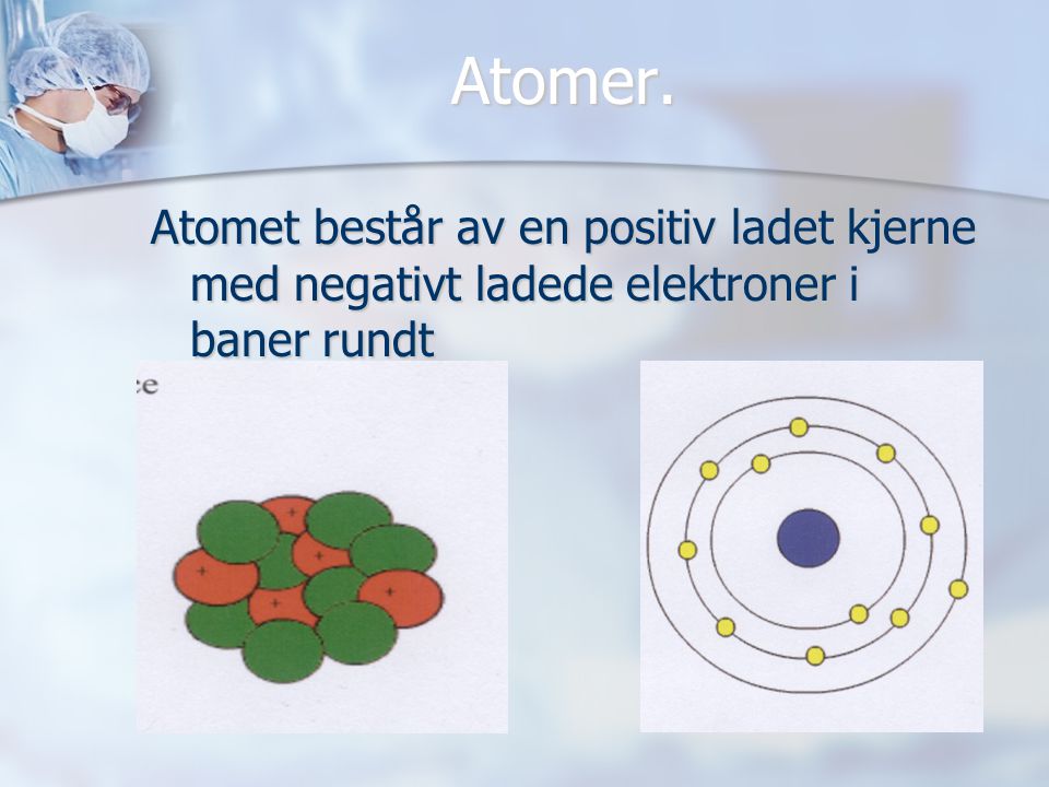 Atomer. Atomet består av en positiv ladet kjerne med negativt ladede elektroner i baner rundt.