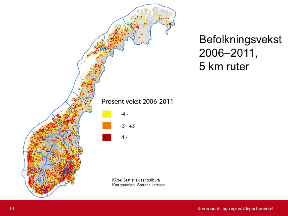 Befolkningsvekst 2006–2011, 5 km ruter