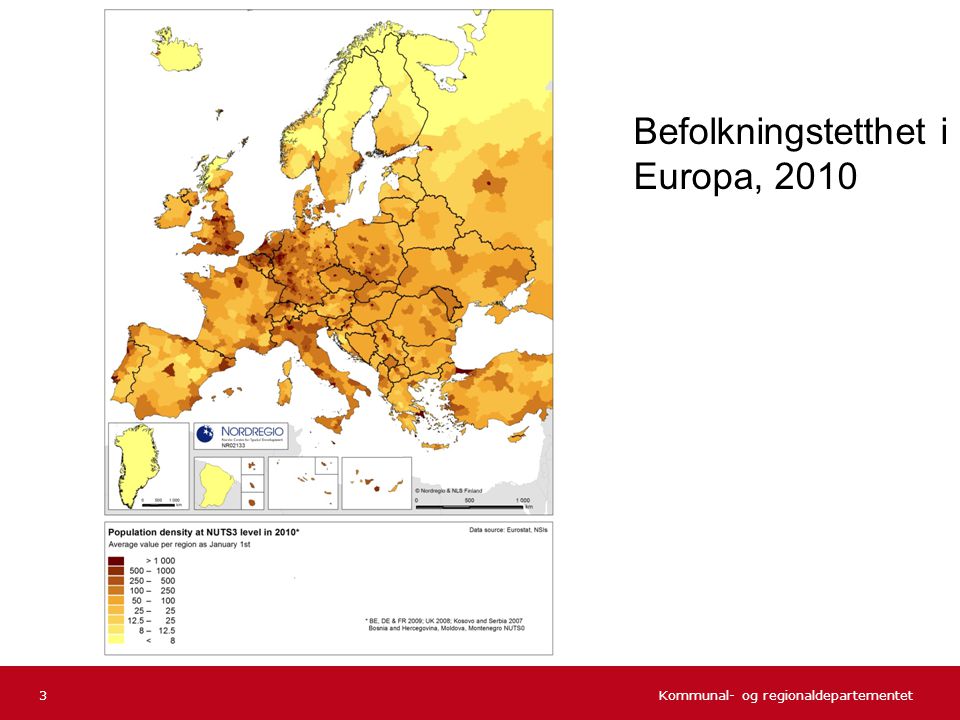 Befolkningstetthet i Europa, 2010
