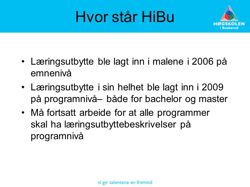Hvor står HiBu Læringsutbytte ble lagt inn i malene i 2006 på emnenivå