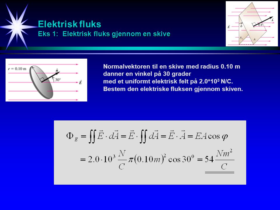 Elektrisk fluks Eks 1: Elektrisk fluks gjennom en skive
